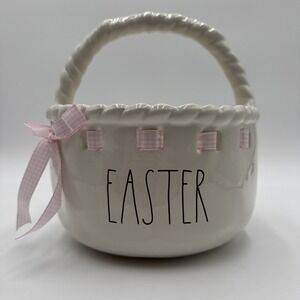 Large Rae Dunn Ceramic Easter Basket with Woven Handles And Pink Ribbon Woven In